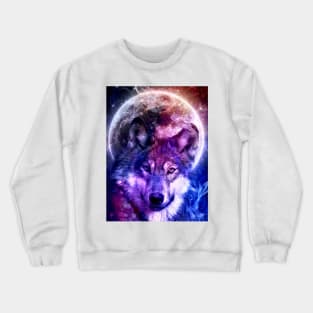 Mystical Wolf Face in Front of the Moon and galaxy Crewneck Sweatshirt